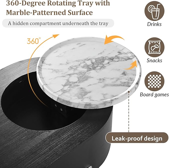 WILLIAMSPACE 47.2" Oval Lift Top Coffee Table with 360-degree Marble-Patterned Rotating Tray, Modern Wooden Center Table Side End Table Lift Tabletop with Hidden Compartment for Living Room, Black