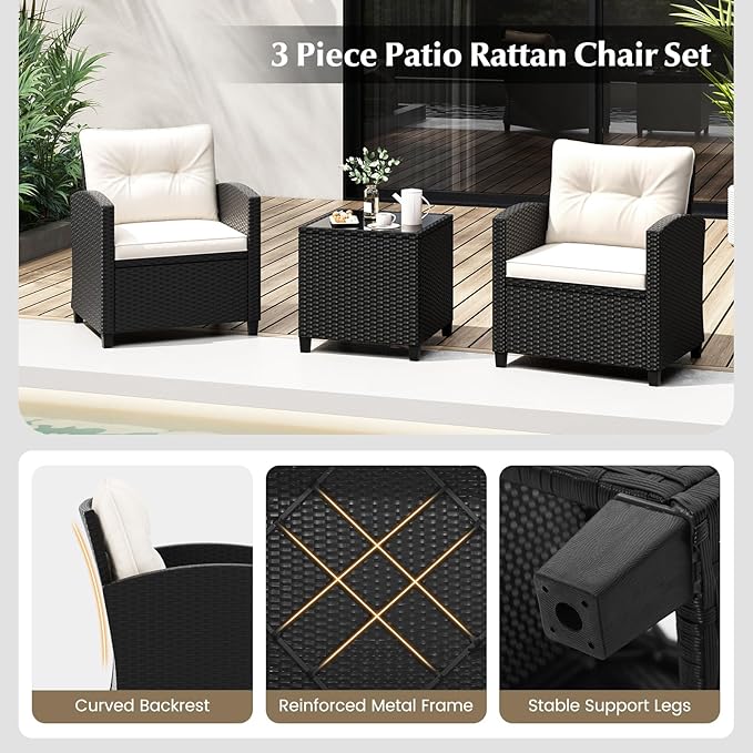 Tangkula 3 Piece Patio Furniture Set, Rattan Conversation Set w/Soft Seat & Back Cushions, Tempered Glass Topped Coffee Table, Cushioned Wicker Seating Set for Backyard, Porch, Poolside (Off White)