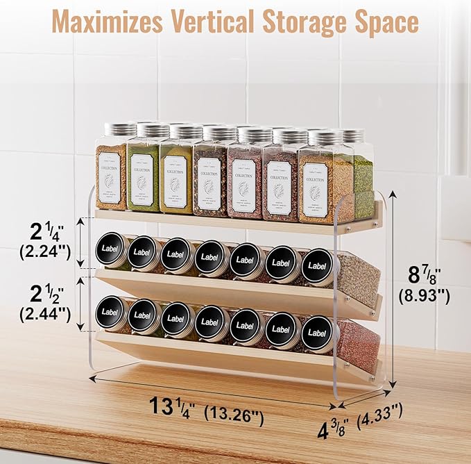 MUDEELA Clear Spice Rack Organizer for Cabinet, 3 Tiered Vertical Spice Shelf, Wooden Material, Seasoning Organizer for Countertop, Kitchen, Pantry, Freestanding, 13.3" W × 11.2" H (No Jars Included)