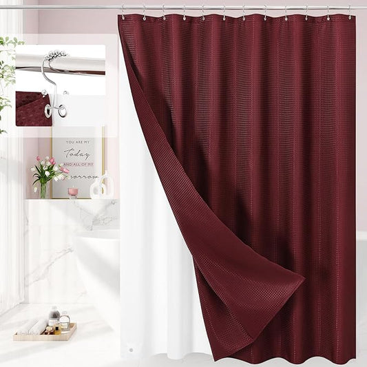 3 in 1 Extra Long Burgundy Shower Curtain Set-72 W x 84 H, Modern Waffle and PEVA Liner Set with 12 Stainless Steel Hooks, Waterproof Fabric for Bathroom