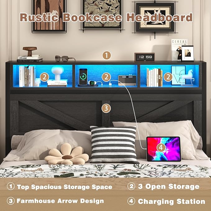 Farmhouse Full Bed Frame with Bookcase Storage Headboard, Charging Station, LED Light and 2 Storage Drawers, Noise Free, No Box Spring Needed, Black