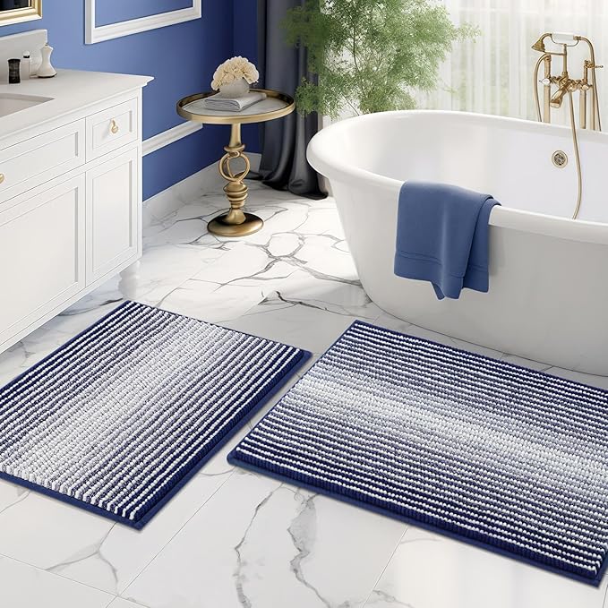 BSICPRO Bathroom Rugs and Mats Sets, 2 Piece Thick Absorbent Chenille Bath Mat Rug Set Non Slip, Soft Shaggy Bath Room Floor Mats for Bathroom, Machine Washable (20" x 32" Plus 16" x 24", Navy)