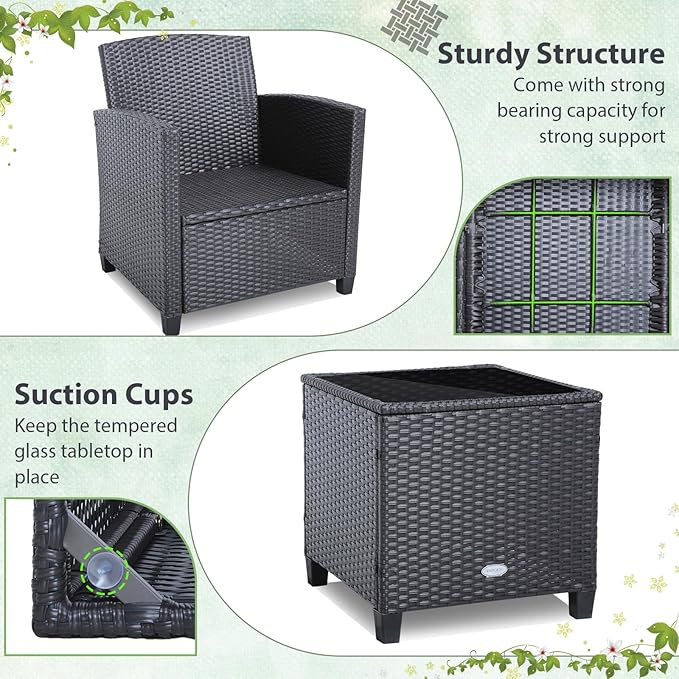 Tangkula 3 Pieces Patio Furniture Set, PE Rattan Wicker 3 Pcs Outdoor Sofa Set w/Washable Cushion and Tempered Glass Tabletop, Conversation Furniture for Garden Poolside Balcony (Beige/Turquoise)