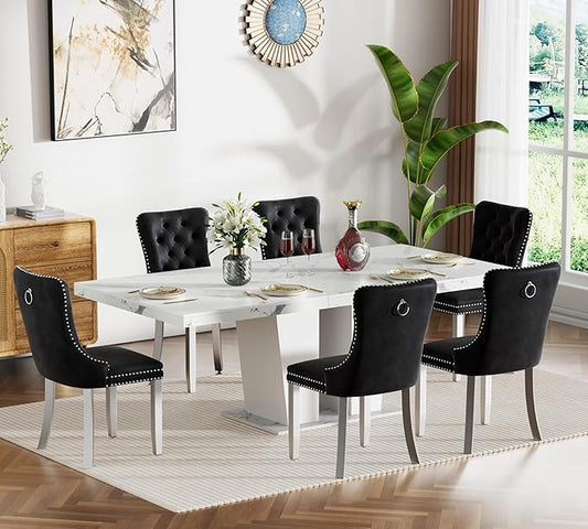 7-Piece Extendable Dining Table Set for 6-8 People 63-78 Inch Kitchen Table Set with 6 Black Upholstered Chairs Modern White Faux Marble Rectangular Dining Room Table Set for Kitchen Apartment