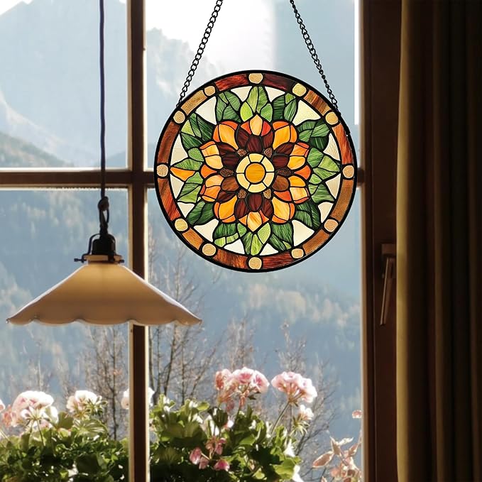 Stained Glass Window Hanging - Yellow Green Boho Style Flowers Sun Catcher for Door Garden Home Decor Suncatcher Christmas Mother's Day Birthday Gifts for Women Mom Girl Nana Friend 6.3 in