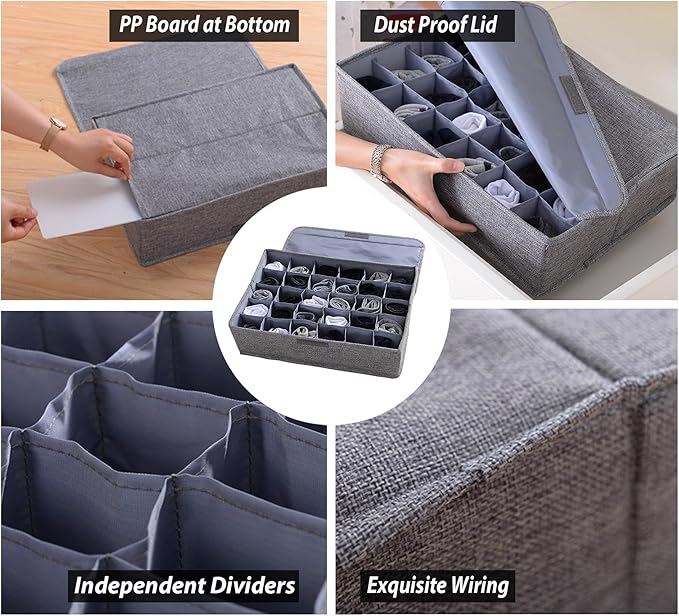 AARAINBOW 2 Packs Underwear Socks Ties Storage Organizer with Lids Foldable Closet Drawer Organizer 60 Cells, Fabric Wardrobe Divider Storage Boxes for Scarves and Lingerie (30 Cell, 2 Gray)