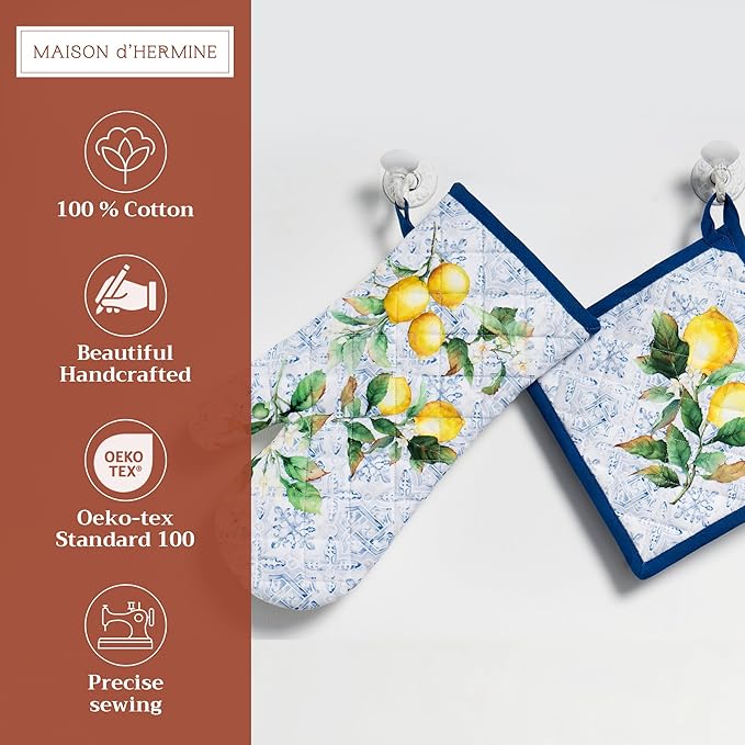 Maison d' Hermine 100% Cotton Oven Mitt & Pot Holder Set (7.5"x13" & 8"x8") Heat Resistant BBQ Cooking Gloves with Loop, Baking, Grilling, Kitchen, Handling Hot Pans Spring/Summer (Citrus)