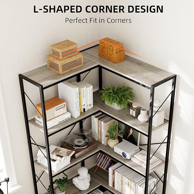 Shintenchi 5 Tier Corner Bookshelf,L Shaped Bookcase,Large Etagere Bookcase,Corner Shelf Display Storage Rack with Metal Frame for Living Room Bedroom Office,Grey