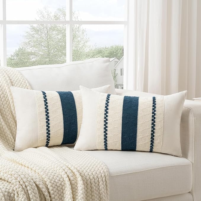 Fancy Homi Set of 2 Boho Teal Lumbar Decorative Throw Pillow Cover 12x20 Inch for Couch Bed Sofa Chair, Modern Organic Farmhouse Home Decor, Soft Cotton Cute Accent Rectangle Cushion Case