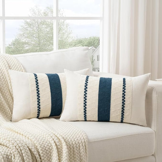 Fancy Homi Set of 2 Boho Teal Lumbar Decorative Throw Pillow Cover 12x20 Inch for Couch Bed Sofa Chair, Modern Organic Farmhouse Home Decor, Soft Cotton Cute Accent Rectangle Cushion Case