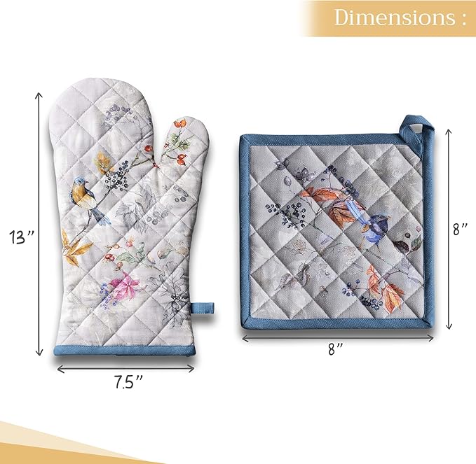 Maison d' Hermine 100% Cotton Oven Mitt & Pot Holder Set (7.5"x13" & 8"x8") Heat Resistant BBQ Cooking Gloves with Loop for Thanksgiving Christmas Decorations Handling Hot Pans (Equinoxe - Grey)