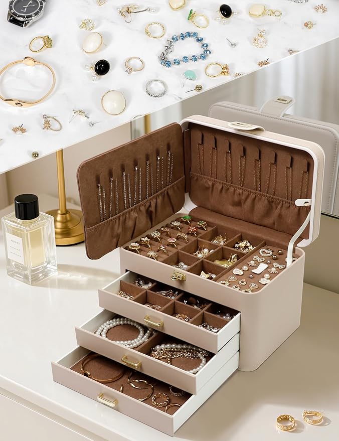 KAMIER Jewelry Organizer Box, 4 Layer Jewelry Organizer with Mirror, 3 Drawers, Large Jewelry Box for Bracelets, Earrings, Rings, Necklaces, Mothers Day Gifts for Loved One, Beige