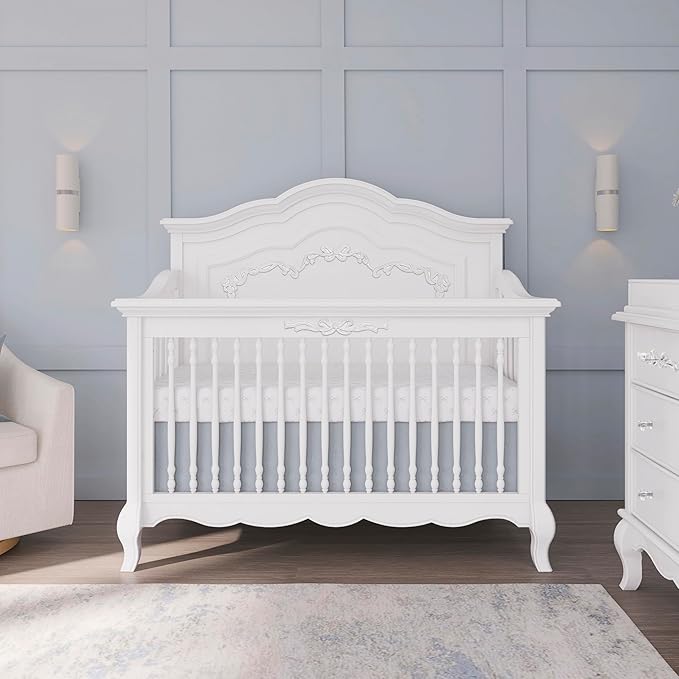 évolur Aurora 5-in-1 Convertible Full-Size Baby Crib in Frost White, GreenGuard Gold & JPMA, 3 Mattress Heights, Ribbon Bow Scrollwork & Queen Anne Feet, Converts to Toddler, Day & Full-Size Bed