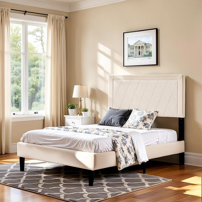 Hokway Bed Frame Upholstered Platform Bed with Headboard Wooden Slat Support No Box Spring Needed(Twin, Soft Beige)