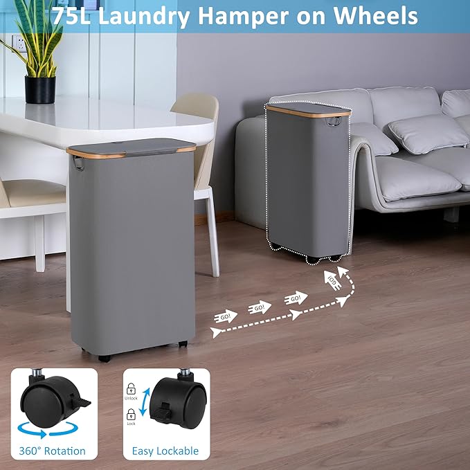 efluky Slim Laundry Basket with Wheels, Narrow Rolling Laundry Hamper with Lid and Removable Bag, Tall Aesthetic Dirty Clothes Hamper on Wheels for Laundry Room, Bedroom, Dorm and Bathroom, 75L Grey