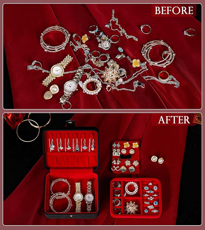 Homde Jewelry Box Small for Women: Ring Earring Organizer Storage for Dresser - Necklace Bracelets Holder with Multi Compartments(Black + Red)