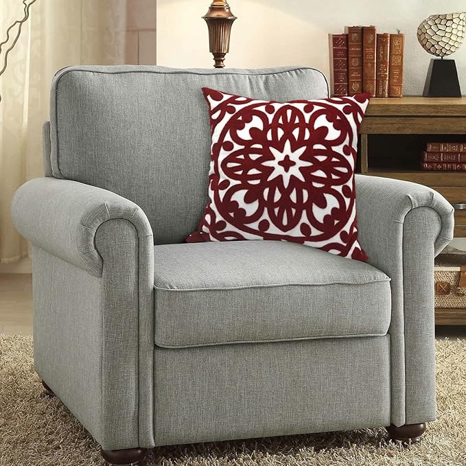 Alysheer Embroidered Decorative Throw Pillow Cover 18x18 inch, Classic Boho Mandala Knit Pattern, Cozy Soft 100% Cotton Canvas Fall Cushion Case for Sofa Couch Living Room (Burgundy Red)