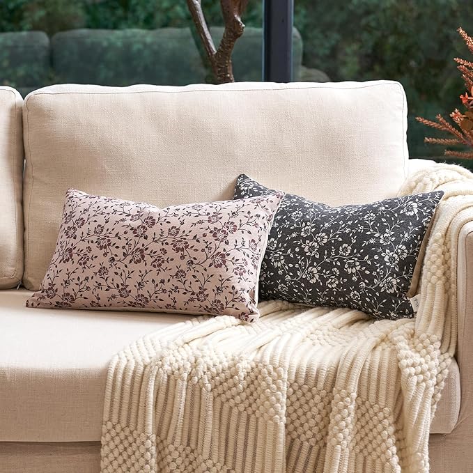 Alerfa Set of 2 Floral Lumbar Pillow Covers 12x20, Vintage Block Print Throw Pillow Covers Decorative Farmhouse Accent Couch Pillows for Living Room Bedroom, Black