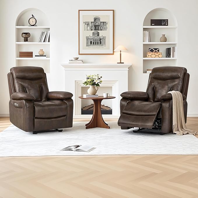 Leather Recliner Chair Wall Hugger Recliner with Adjustable Headrest and Footrest Electric Power Reclining Sofa with USB/Type-C Charging for RV Living Room Bedroom