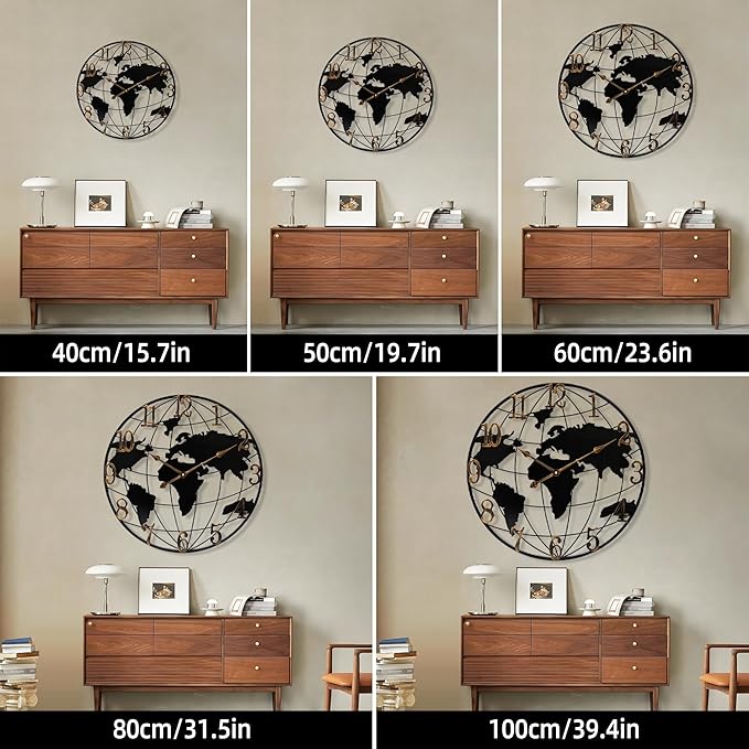 Extra Large World Map Wall Clock - 40 Inch Minimalist Modern Round Metal Silent Non-Ticking Battery Operated for Living Room Office Farmhouse Home Decor