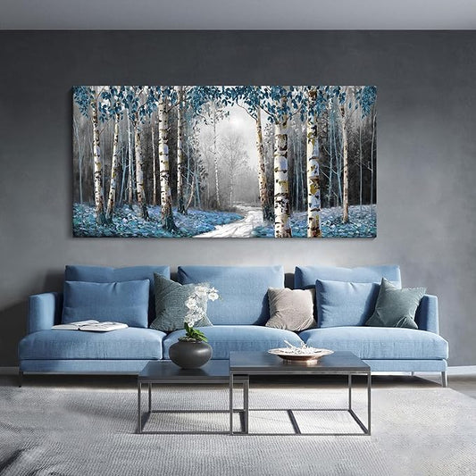 HKDGOKA Large Canvas Wall Art - Gray Blue Tree Abstract Canvas Painting Textured Picture, Modern Landscape Artwork Framed for Living Room Bedroom Bathroom Office Home Decor 58"x29"