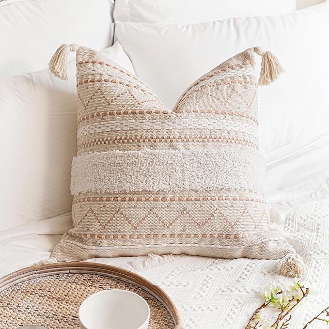 Decorative Throw Pillow Cover 18x18 Square Cream Neutral White Boho Accent Pillowcase Tassels Farmhouse Cushion for Couch Sofa Bedroom Living Room Home Décor (Cover ONLY, Pack of 1)