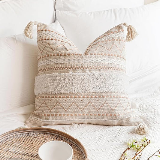 Decorative Throw Pillow Cover 18x18 Square Cream Neutral White Boho Accent Pillowcase Tassels Farmhouse Cushion for Couch Sofa Bedroom Living Room Home Décor (Cover ONLY, Pack of 1)