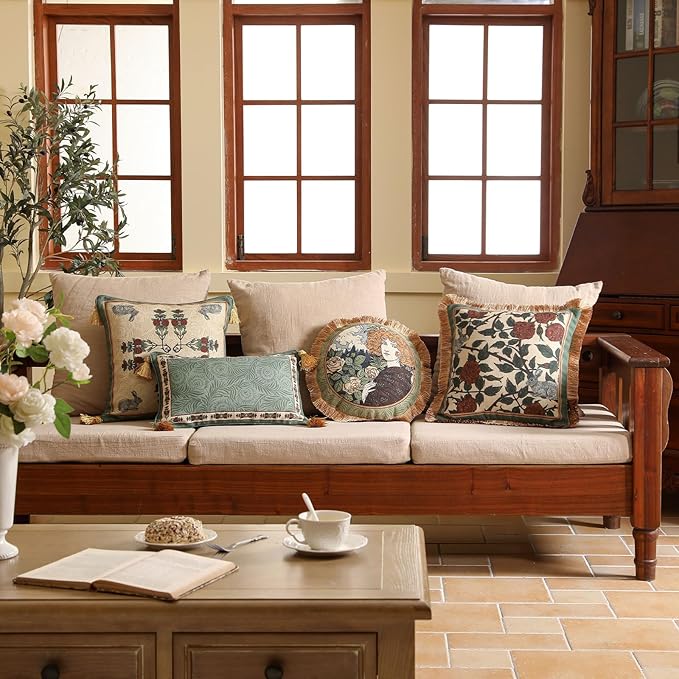 patdrea Designer Throw Pillow Covers Set of 2,French Elegant Green Linen with Rose and Animal Floral Pattern Pillow Covers,Decorative Square Pillowcases Cushion for Bed Living Room Outdoor,18"x18"