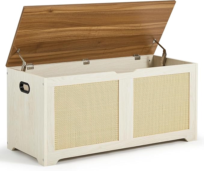 EROMMY Storage Chest, 39.4" Rattan Storage Bench with 2 Safety Hinges, Shoe Bench for Entryway, Bedroom, Living Room, Supports 300 lb