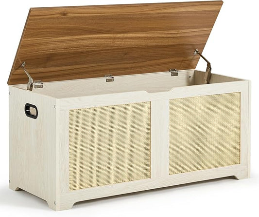 EROMMY Storage Chest, 39.4" Rattan Storage Bench with 2 Safety Hinges, Shoe Bench for Entryway, Bedroom, Living Room, Supports 300 lb