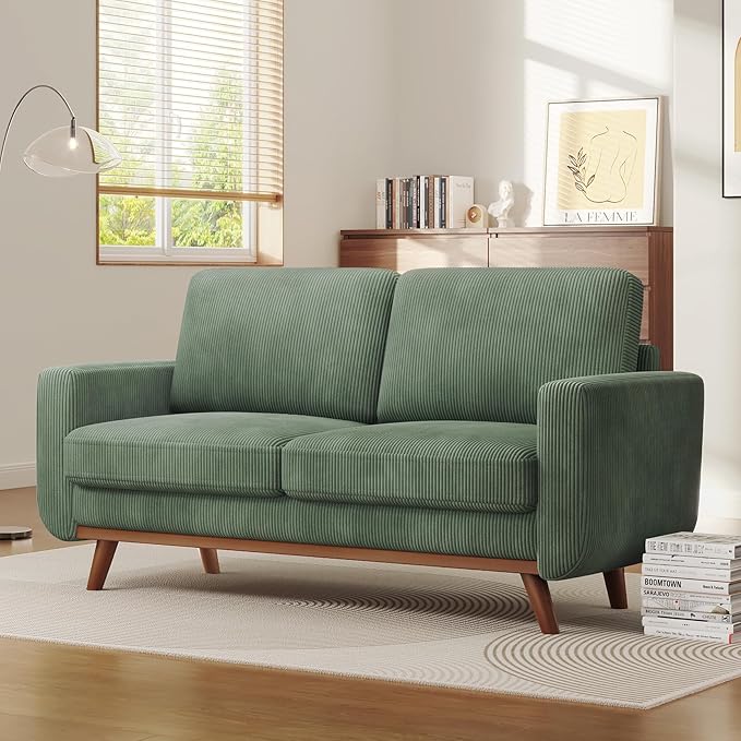 Vesgantti 68" Loveseat Sofa - Green, Comfy Corduroy with Spring Cushion, Solid Wood Frame, Modern Deep Seat, Bedroom & Living Room, Office Couch