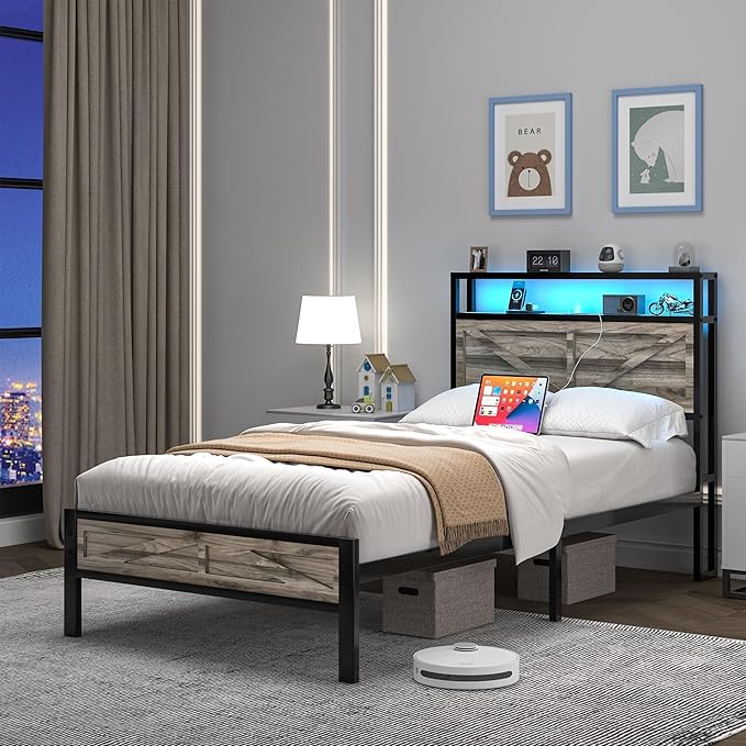 Twin Bed Frame with Charging Station and LED Lights, Twin Size Metal Platform Bed Frame with Storage and Rustic Barn Door Headboard, Heavy Duty Steel Slats Support, No Box Spring Needed, Wash Grey