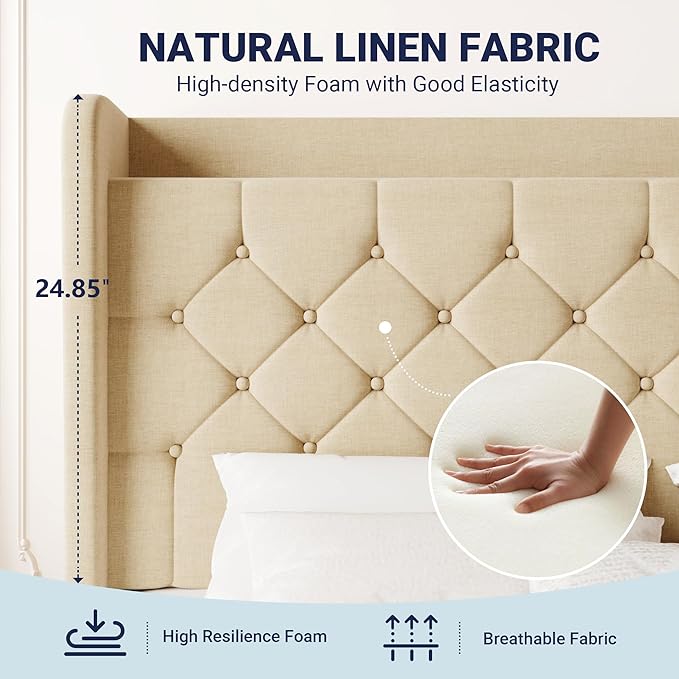 Allewie Full Size Bed Frame, Storage Headboard with Charging Station, Wingback Linen Upholstered, Diamond Stitched Button Tufted, Sturdy Wooden Slats, No Box Spring Needed, Easy Assembly, Beige