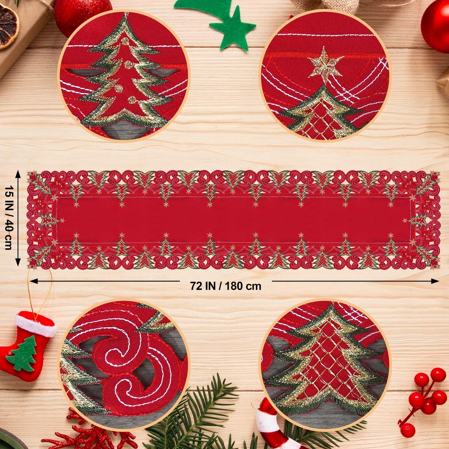 SHANGRLA Red Christmas Tree Table Runner 72 Inches Long – Embroidered Lace Tablerunner with Xmas Tree Design, Elegant Festive Dining Room Table Decor, Holiday Table Linen Centerpiece