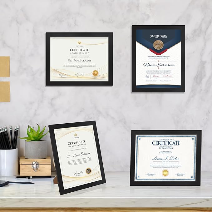 8.5x11 Picture Frame set of 15, Multi Certificate 8.5 by 11 Picture Frames Bulk, Document Diploma Award Frame for Wall Hanging or Tabletop Display, Black