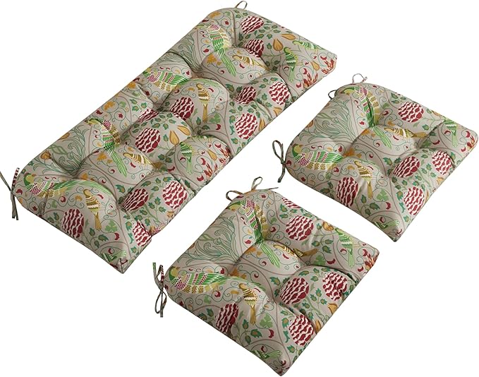 ADLIVWYD 3-Pieces Wicker Chair Cushion Set, 1 loveseat and 2 U-Shape, 44"x19" &19"x19" Tufted Outdoor Cushions for Indoor/Outdoor Bench Patio Furniture, (Khaki Bird Floral)