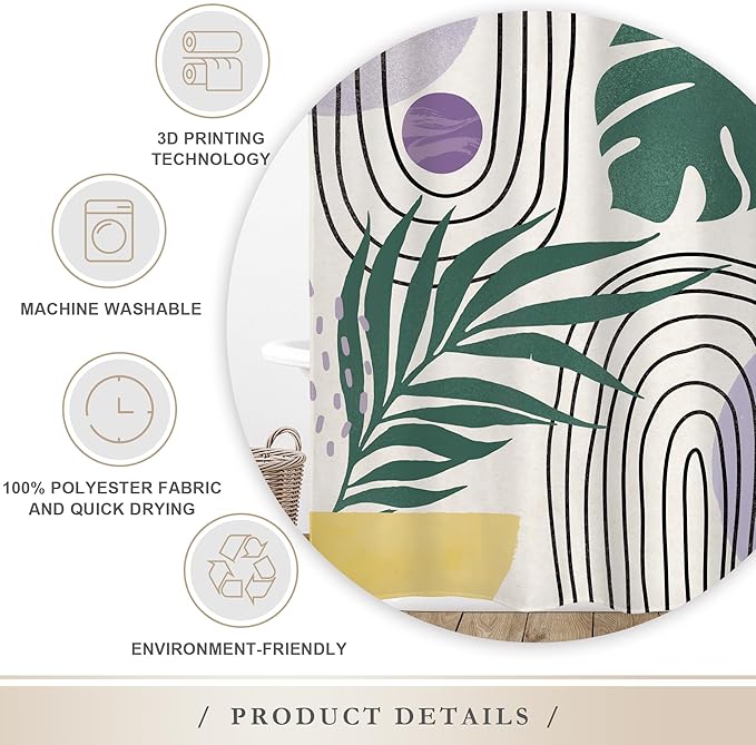 Glawry Boho Purple Shower Curtain Abstract Plant Tropical Palm Leaf Modern Minimalist Arch Geometric Bathroom Modern Mid Century 60Wx72L Inches Bath Accessories Art Home Decor Fabric 12 Pack Hook
