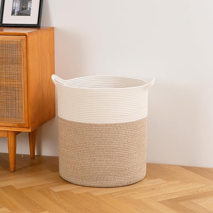 Laundry Basket, 100L Large Laundry Hamper, Tall Woven Rope Storage Basket for Blanket Toys Pillows Towels, Baby Nursery Hamper Bin for Living Room, Bedroom (Brown & White)