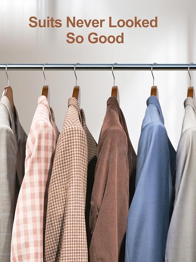 HOUSE DAY Wide Shoulder Wooden Hangers, Suit Hangers with Non Slip Pants Bar, Smooth Finish 360° Swivel Hook Solid Wood Coat Hangers for Dress, Jacket, Pants, Heavy Clothes Hangers 6 Pack (Walnut)