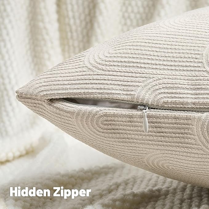 FUTEI Beige Chenille Decorative Throw Pillow Covers 18x18 Inch Set of 2,Soft Cozy Striped Geometric Patterns Cushion Case,Modern Home Decor for Couch Bed Living Room