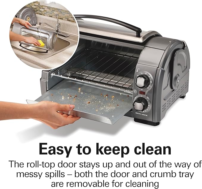 Hamilton Beach Easy Reach 4-Slice Countertop Toaster Oven With Roll-Top Door, 1200 Watts, Fits 9” Pizza, 3 Cooking Functions for Bake, Broil and Toast, Silver (31344DA)