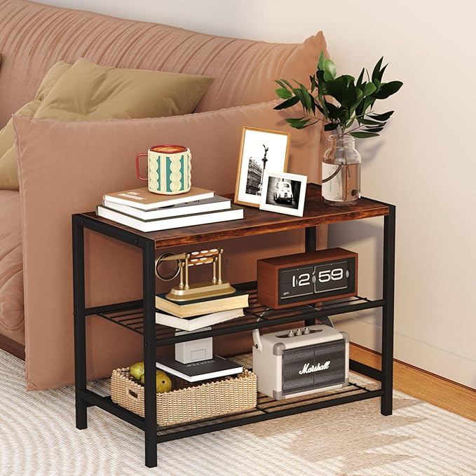 Yusong Shoe Rack Organizer, 3 Tier Industrial Shoe Storage Shelf for Closet Entryway, Narrow Sturdy Metal Shoe Shelves, Rustic Brown