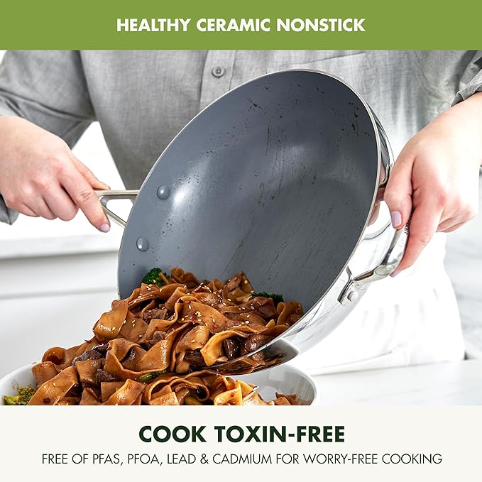 GreenPan Valencia Pro Tri-Ply Stainless Steel 12” Wok with Lid, Healthy Ceramic Nonstick PFAS-Free PFOA- Free Coating, Multi Clad Cookware, Induction, Dishwasher Safe, Oven and Broiler Safe
