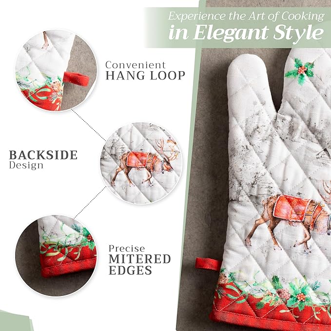 Maison d' Hermine 100% Cotton Oven Mitt & Pot Holder Set (7.5"x13" & 8"x8") Heat Resistant BBQ Cooking Gloves with Loop for Thanksgiving Christmas Decorations Handling Hot Pans (Christmas Tradition)
