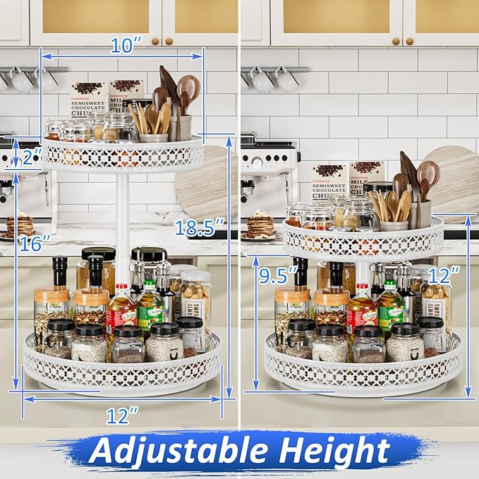 Lazy Susan Organizer 2 Tier - Turntable Spice Rack 12 inch Adjustable Metal Rotating Lazy Susan for Cabinet Pantry Kitchen Countertop Dining Table Cupboard Bathroom Vanity Storage White
