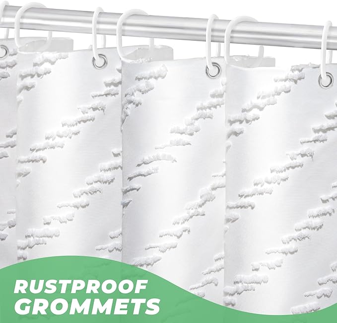 White Boho Fabric Shower Curtain 72 x 72 Inches, Modern Shabby Chic Textured Tufted Chevron Striped Minimalist Cloth Bathroom Shower Curtain