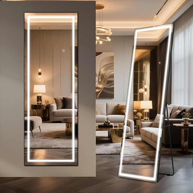 64" x 22" Full Length Tempered Glass LED Floor Mirror - Big Wall/Standing Mirror with Lights, Dimmable Touch Screen & Adjustable Color (White/Warm Light), Full Body Mirror for Bedroom, Dressing Room