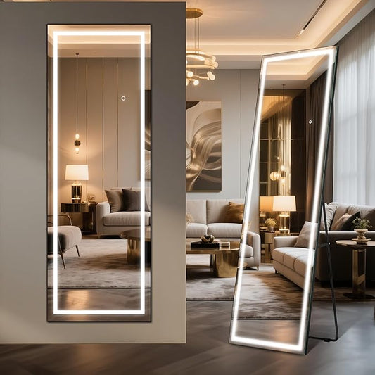 64" x 22" Full Length Tempered Glass LED Floor Mirror - Big Wall/Standing Mirror with Lights, Dimmable Touch Screen & Adjustable Color (White/Warm Light), Full Body Mirror for Bedroom, Dressing Room