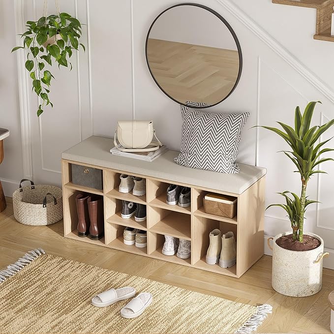 DINZI LVJ Shoe Storage Bench with Cushion, 12-Cubby Shoe Rack, Adjustable Shelves, 40.9" Long Shoe Organizer Bench for Entryway, Mudroom, Hallway, Garage, Natural and Cappuccino Beige