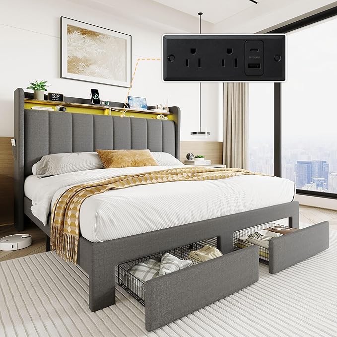 SHA CERLIN Queen Platform Bed Frame with Vertical Channel Tufted Wingback Headboard & 2 Storage Drawers/2-Tier Shelves with LED Lights & Charging Station/Noise-Free/No Box Spring Needed/Dark Grey